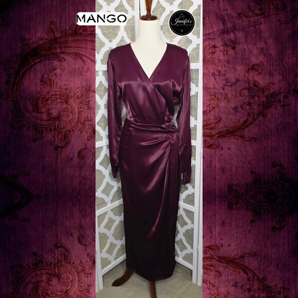 Mango Dresses & Skirts - Mango NWT Women's Deep MaroonSatin V-Neck Long Sleeve Faux Wrap Dress Size 12